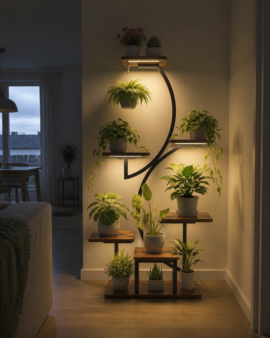 Indoor plant shelf with grow lights