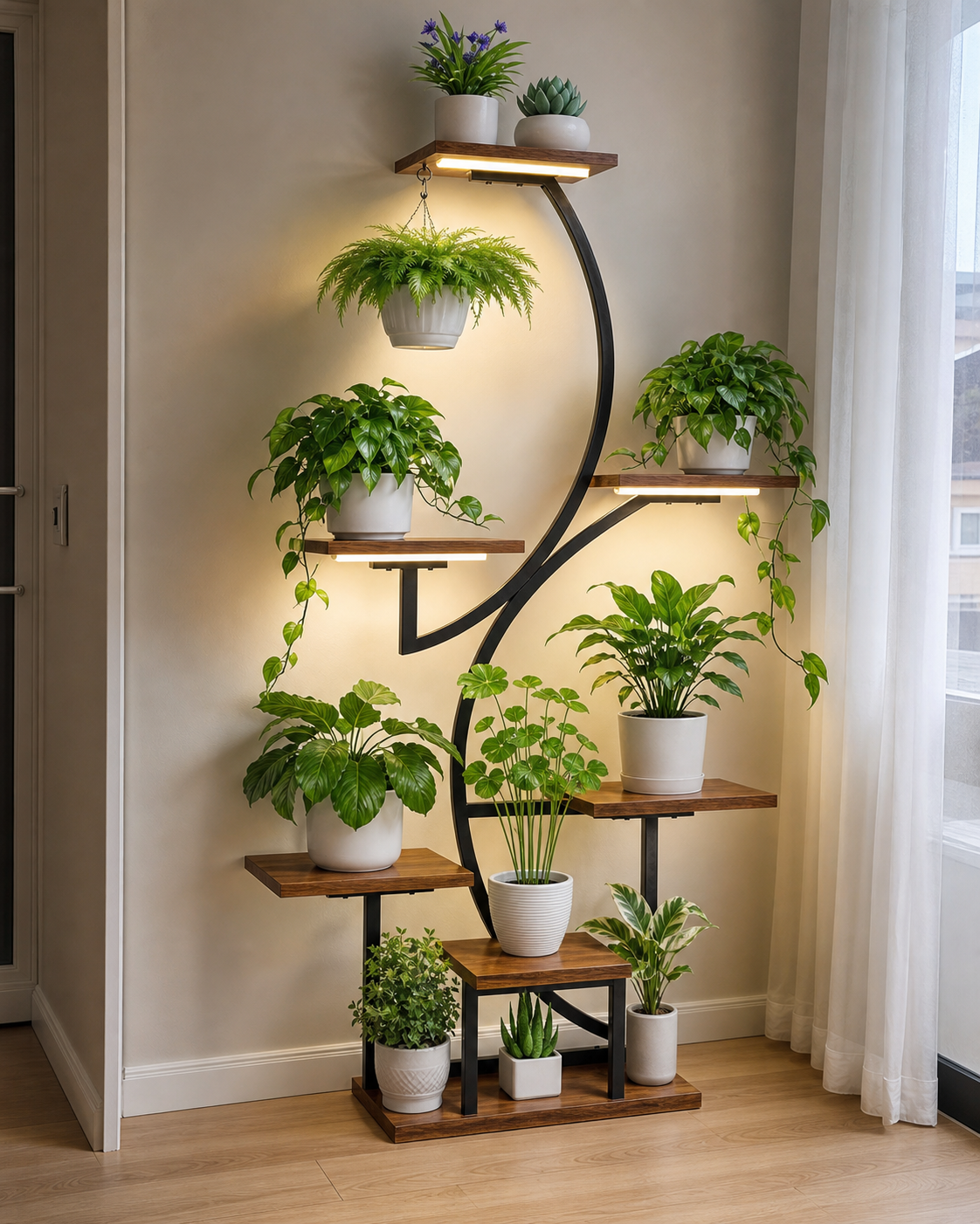 S-shaped plant stand with wooden shelves
