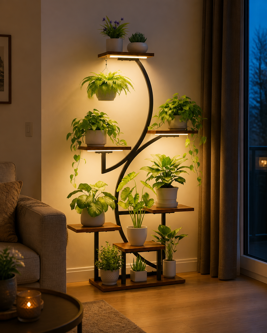 LumiPlant LED plant stand in a cozy living room